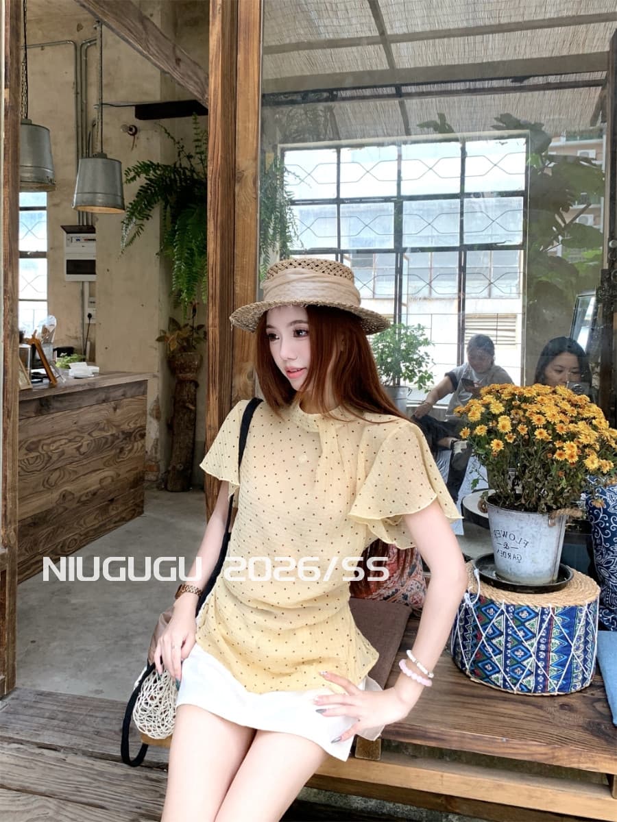 niugugu 한 부서 디자인 센스 작은 대중 도트 무늬 프린트 반팔 작은 셔츠 여성 여름 허리 수축 슬림해 보이는 다용도 맨위 상세 이미지 7
