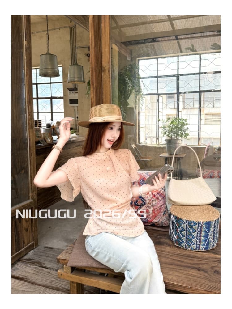 niugugu 한 부서 디자인 센스 작은 대중 도트 무늬 프린트 반팔 작은 셔츠 여성 여름 허리 수축 슬림해 보이는 다용도 맨위 상세 이미지 15