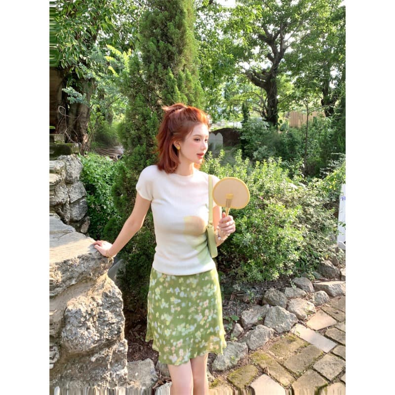 다우 시시 cheese 녹색 리프트 저녁 바람 봄 여름 쇼트 스타일 달콤함 하이웨이스트 슬림해 보이는 다용도 꽃무늬 한 마디 반신 스커트 여성 이미지 3