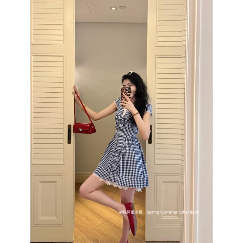 장 A 스타 로 이동 여름 체크무늬 레이스 조각 V넥 슬림해 보이는 허리 수축 연령 감소 품격 길이 드레스 상세 이미지 7