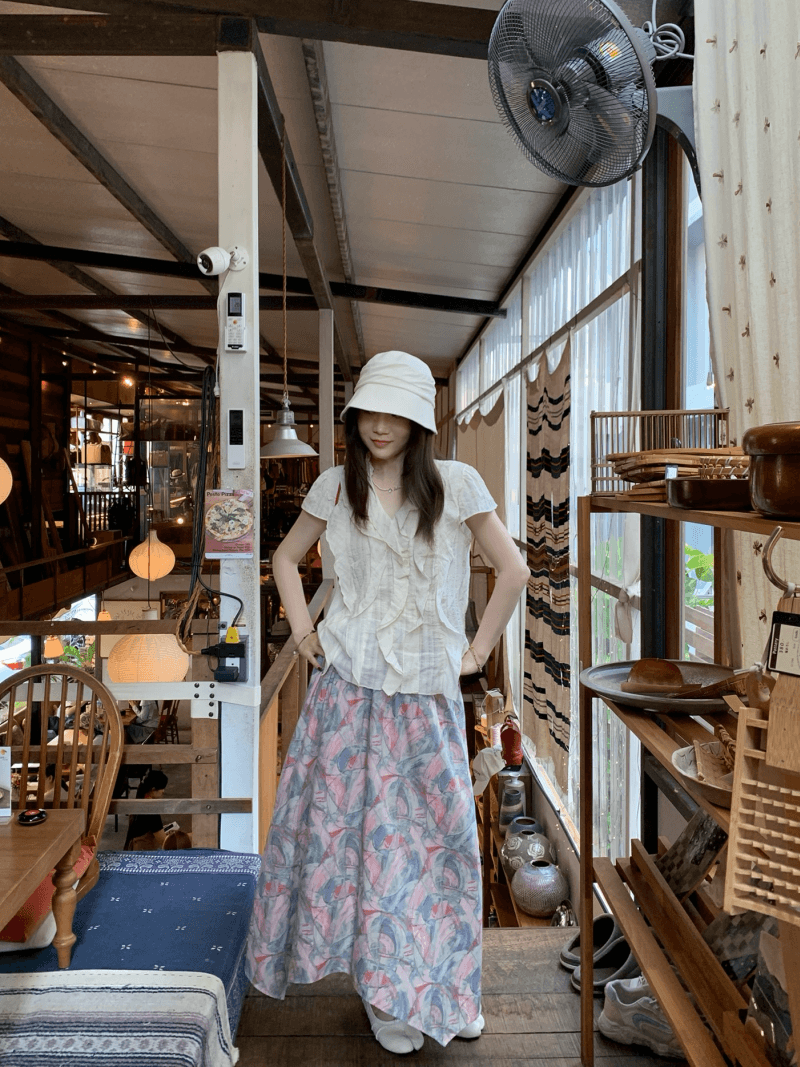 roundshop 꽃 섬 로밍 분말 조정 프린트 여름 휴가 바람 하이웨이스트 한 마디 밴딩 반신 스커트 상세 이미지 31
