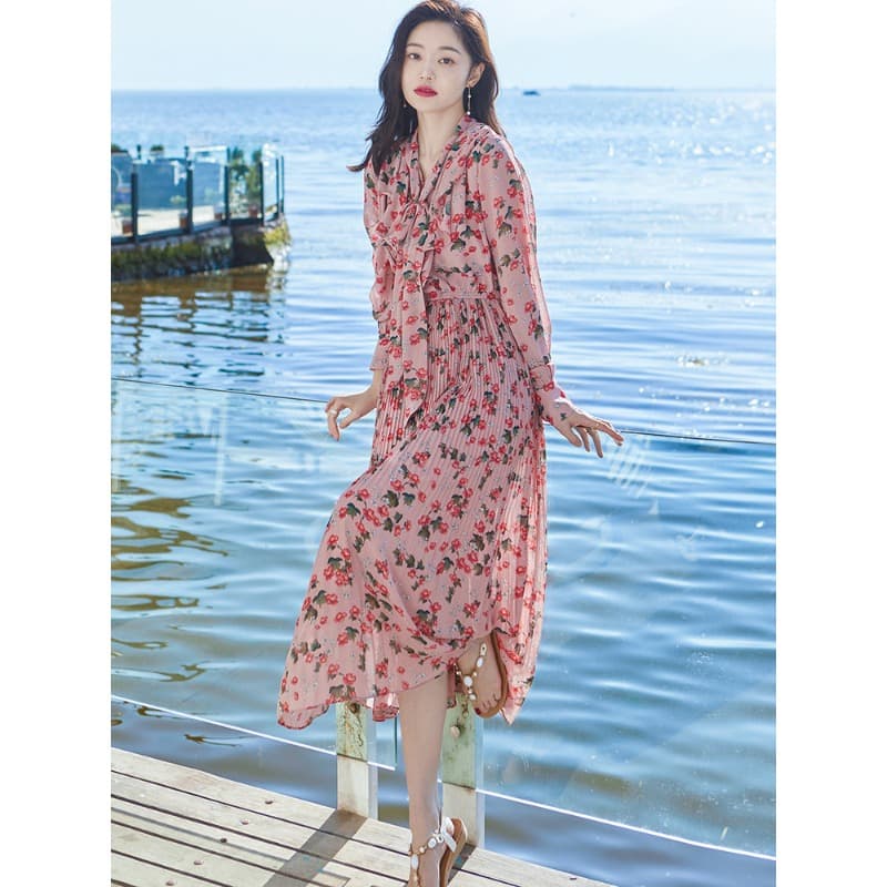 2023 여름 새로운 프랑스식 레트로 쉬폰 꽃무늬 드레스 빨간색 슈퍼 요정 치마 품격 슬림해 보이는 롱 스커트 여성 이미지 5