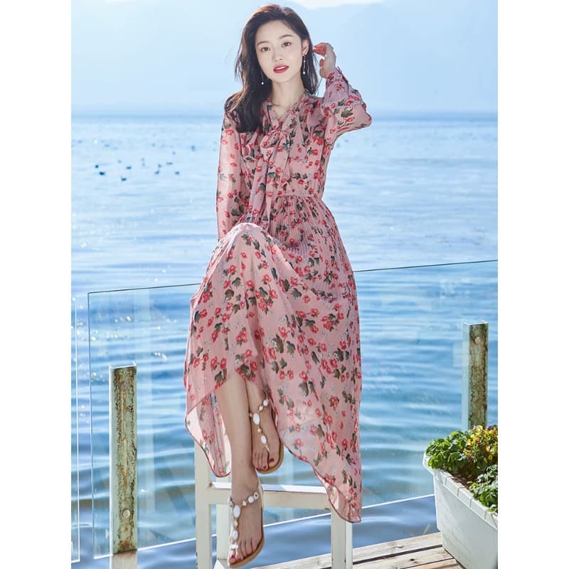 2023 여름 새로운 프랑스식 레트로 쉬폰 꽃무늬 드레스 빨간색 슈퍼 요정 치마 품격 슬림해 보이는 롱 스커트 여성 상세 이미지 3
