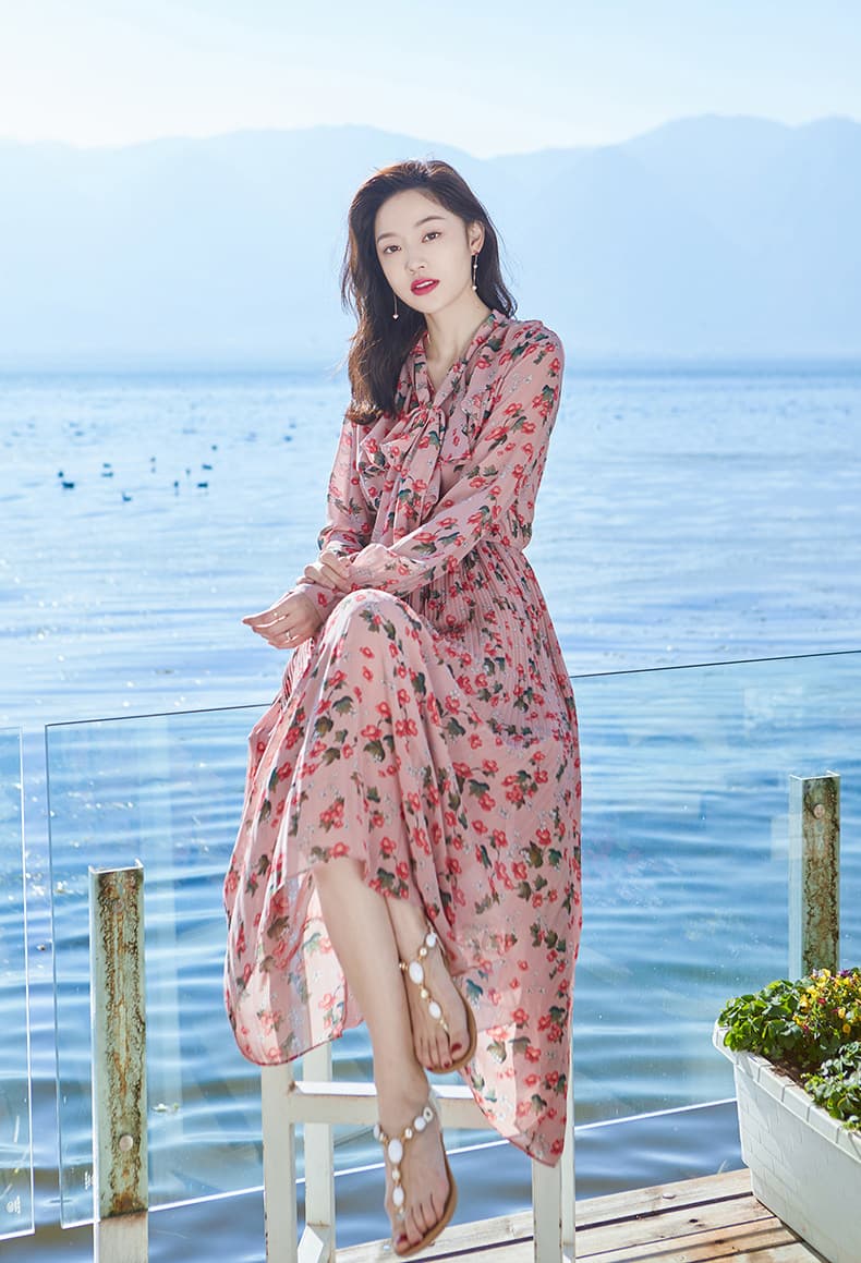 2023 여름 새로운 프랑스식 레트로 쉬폰 꽃무늬 드레스 빨간색 슈퍼 요정 치마 품격 슬림해 보이는 롱 스커트 여성 상세 이미지 19