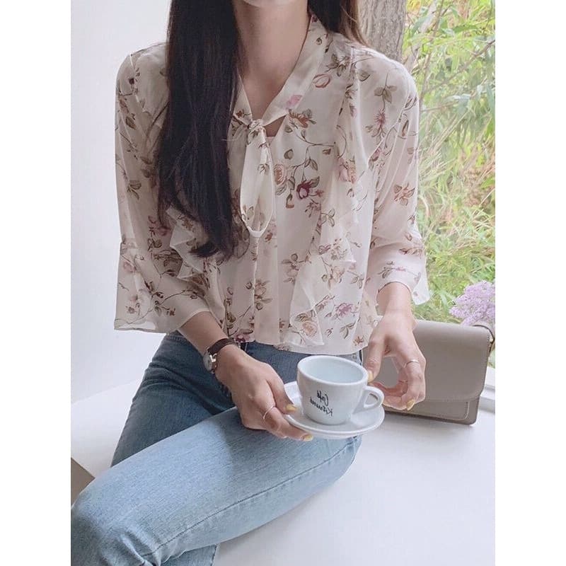 외국 가스 꽃무늬 작은 셔츠 셔츠 새로운 맨위 레이스업 프릴 2026 레트로 소매 여름 셔츠 여성 쉬폰 블라우스 이미지 3
