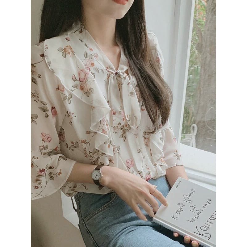 외국 가스 꽃무늬 작은 셔츠 셔츠 새로운 맨위 레이스업 프릴 2026 레트로 소매 여름 셔츠 여성 쉬폰 블라우스 상세 이미지 3