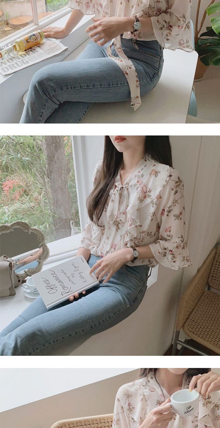 외국 가스 꽃무늬 작은 셔츠 셔츠 새로운 맨위 레이스업 프릴 2026 레트로 소매 여름 셔츠 여성 쉬폰 블라우스 상세 이미지 16