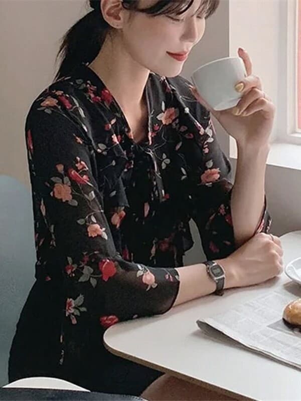 외국 가스 꽃무늬 작은 셔츠 셔츠 새로운 맨위 레이스업 프릴 2026 레트로 소매 여름 셔츠 여성 쉬폰 블라우스 상세 이미지 23