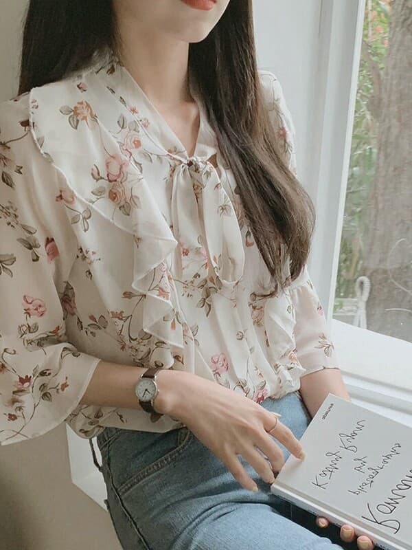 외국 가스 꽃무늬 작은 셔츠 셔츠 새로운 맨위 레이스업 프릴 2026 레트로 소매 여름 셔츠 여성 쉬폰 블라우스 상세 이미지 24