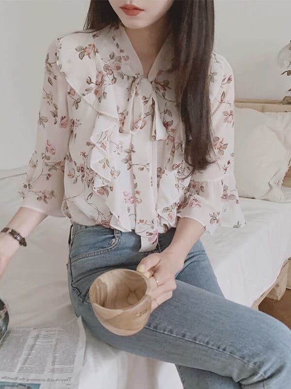 외국 가스 꽃무늬 작은 셔츠 셔츠 새로운 맨위 레이스업 프릴 2026 레트로 소매 여름 셔츠 여성 쉬폰 블라우스 상세 이미지 25