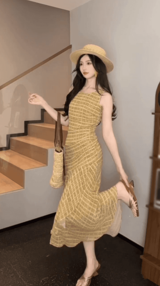 dodc 황색 라운드 넥 체크무늬 민소매 드레스 2026 봄 여름 새로운 불규칙 디자인 허리 수축 휴가 롱 스커트 상세 이미지 14