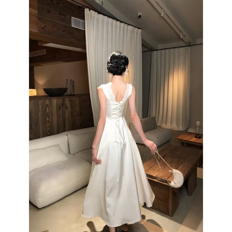 하나부터 순간 화이트 후아 우아함 품격 광장 칼라 레이스 레이스 슬립 드레스 스트랩 허리 수축 슬림해 보이는 치마 상세 이미지 7