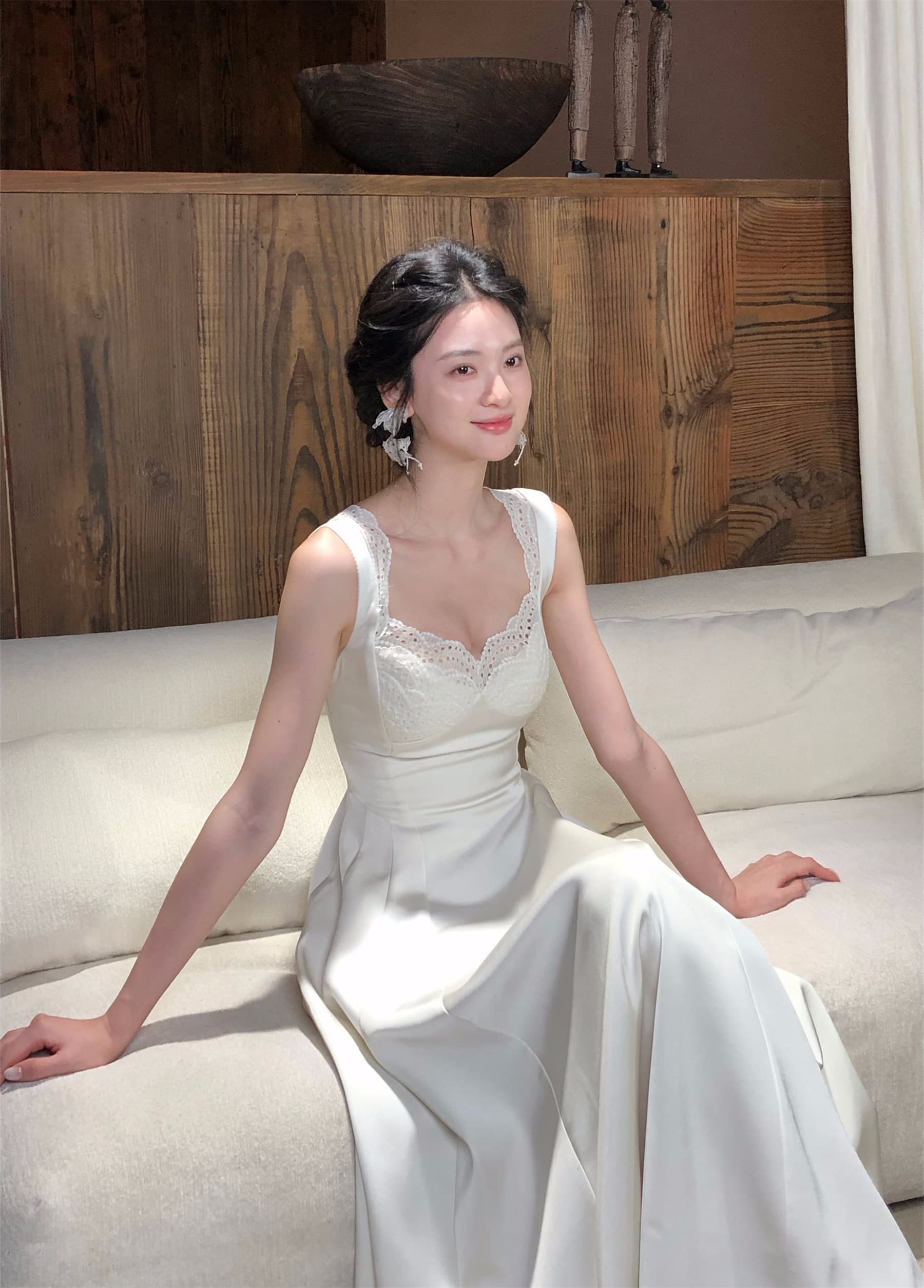 하나부터 순간 화이트 후아 우아함 품격 광장 칼라 레이스 레이스 슬립 드레스 스트랩 허리 수축 슬림해 보이는 치마 상세 이미지 27