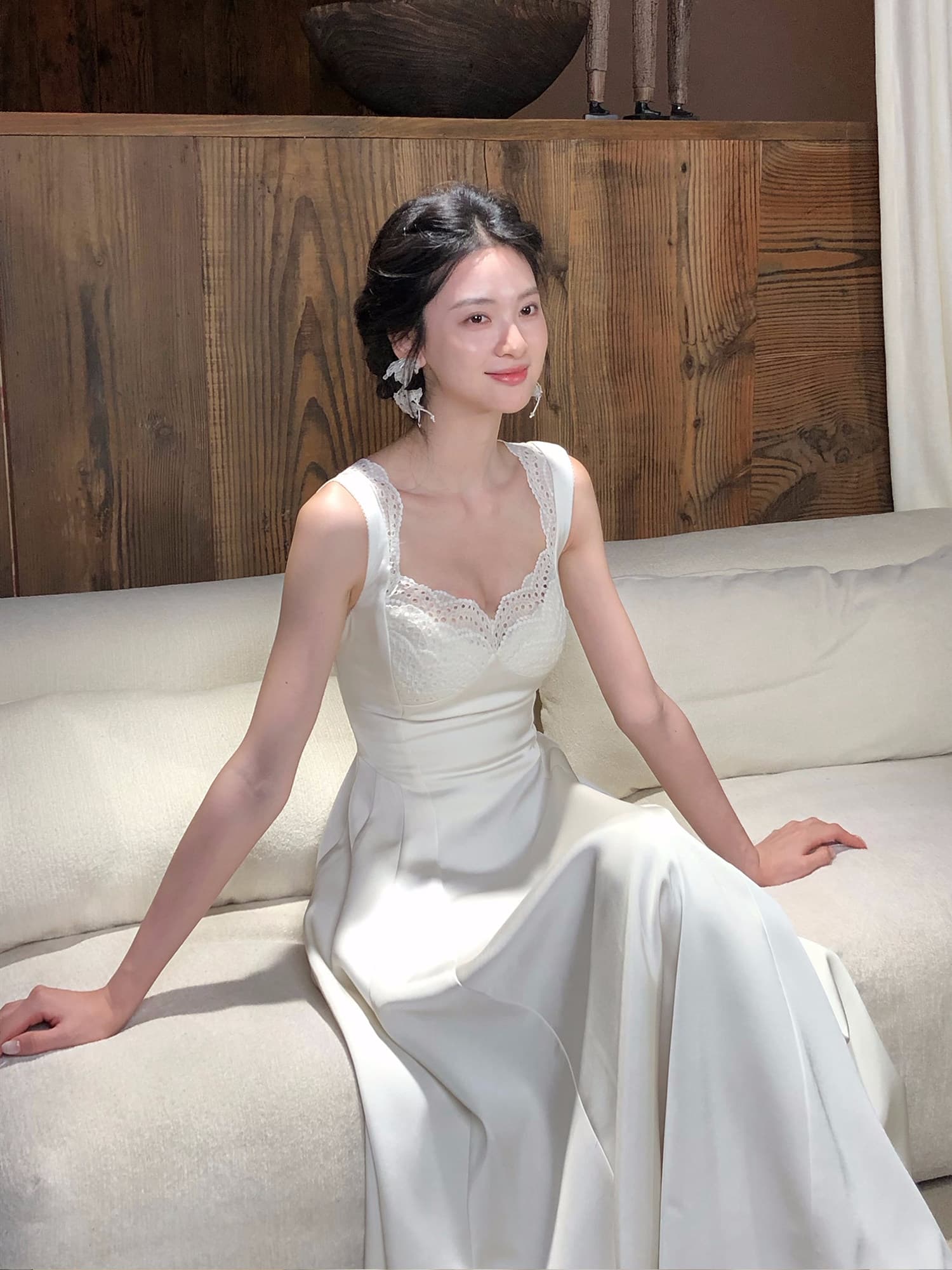 하나부터 순간 화이트 후아 우아함 품격 광장 칼라 레이스 레이스 슬립 드레스 스트랩 허리 수축 슬림해 보이는 치마 상세 이미지 41