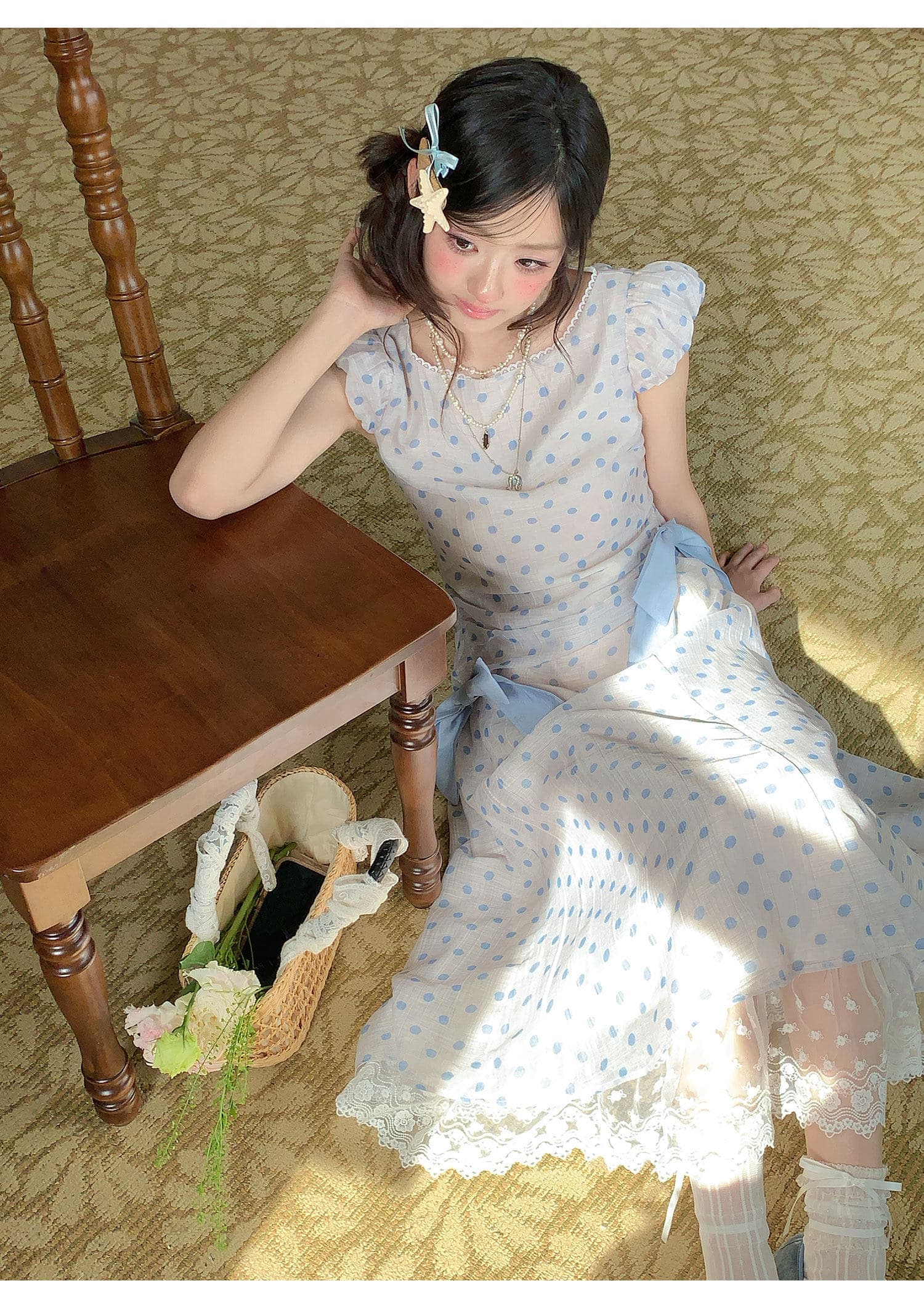 구엔 구엔 직접 만든 블루 안개 도트 무늬 레트로 분위기 센스 여성 드레스 여름 나비 매듭 레이스 레이스 치마 이미지 2