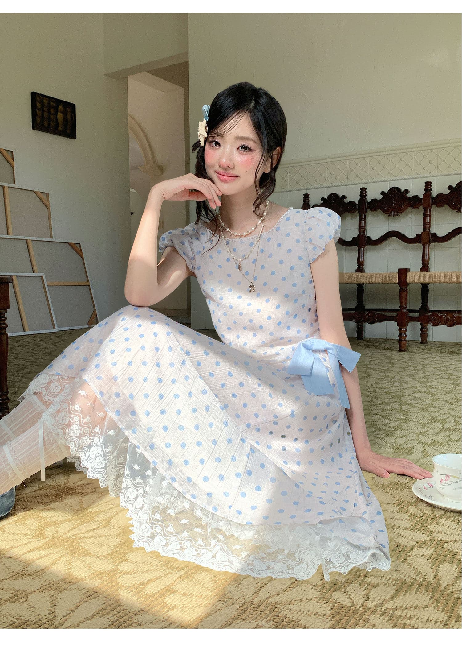 구엔 구엔 직접 만든 블루 안개 도트 무늬 레트로 분위기 센스 여성 드레스 여름 나비 매듭 레이스 레이스 치마 상세 이미지 25