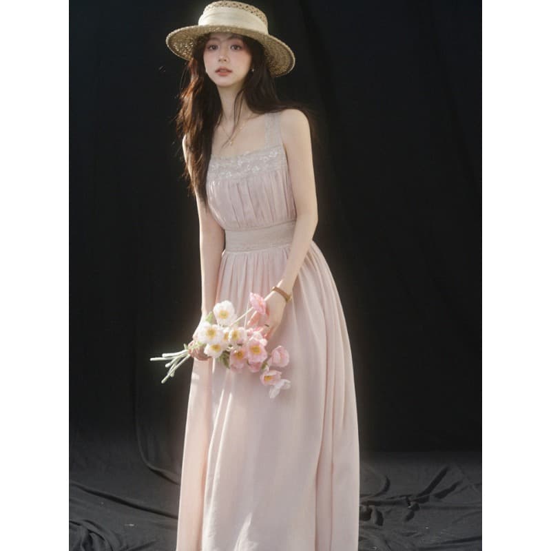 sleepybunny 핑크색 광장 칼라 레이스 슬립 여성 드레스 여름 프랑스식 작은 키 허리 수축 한 마디 롱 스커트 이미지 4