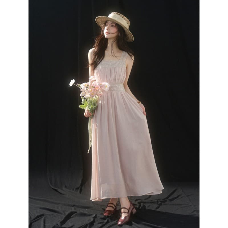 sleepybunny 핑크색 광장 칼라 레이스 슬립 여성 드레스 여름 프랑스식 작은 키 허리 수축 한 마디 롱 스커트 이미지 5