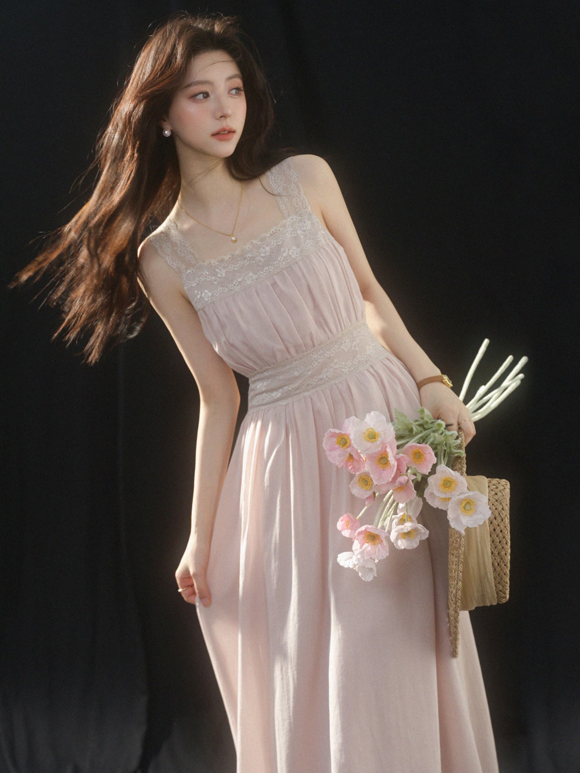 sleepybunny 핑크색 광장 칼라 레이스 슬립 여성 드레스 여름 프랑스식 작은 키 허리 수축 한 마디 롱 스커트 상세 이미지 28