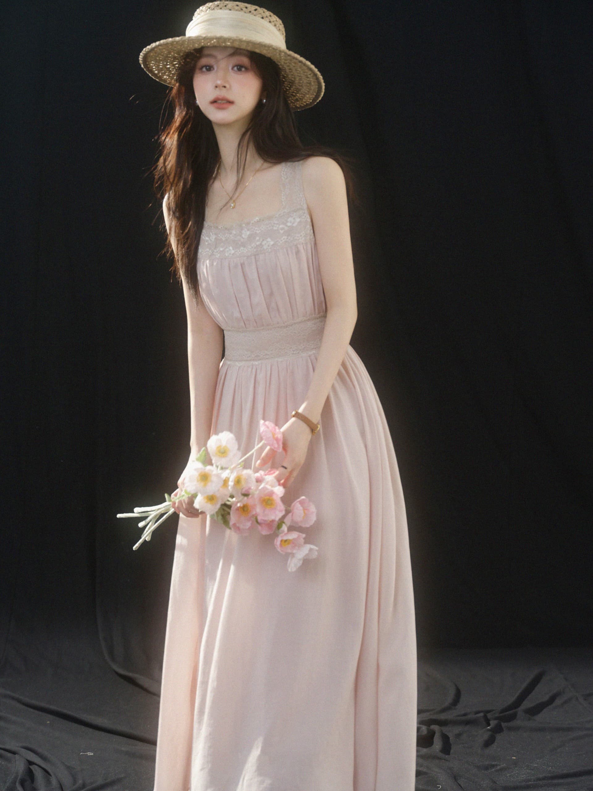 sleepybunny 핑크색 광장 칼라 레이스 슬립 여성 드레스 여름 프랑스식 작은 키 허리 수축 한 마디 롱 스커트 상세 이미지 29