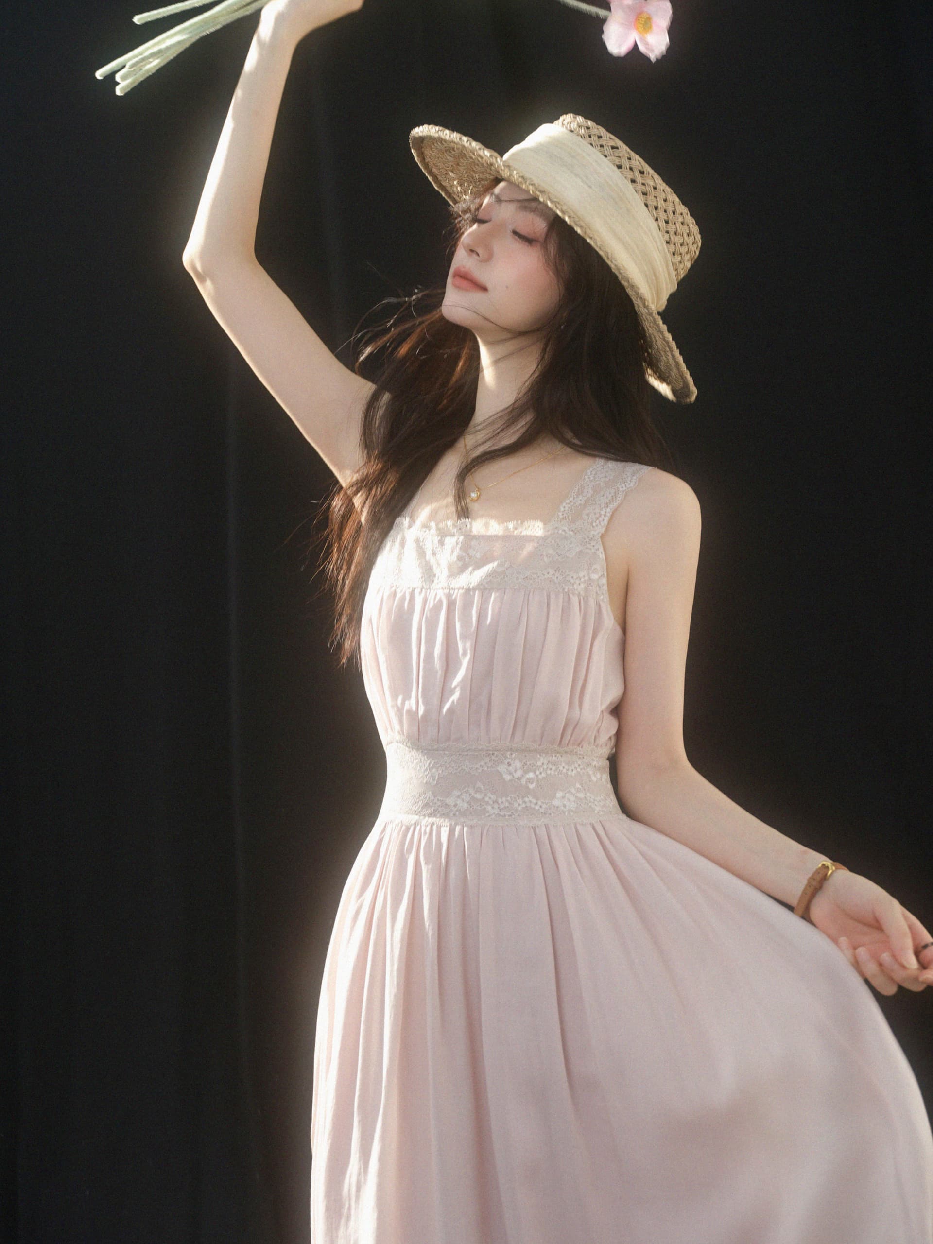 sleepybunny 핑크색 광장 칼라 레이스 슬립 여성 드레스 여름 프랑스식 작은 키 허리 수축 한 마디 롱 스커트 상세 이미지 31