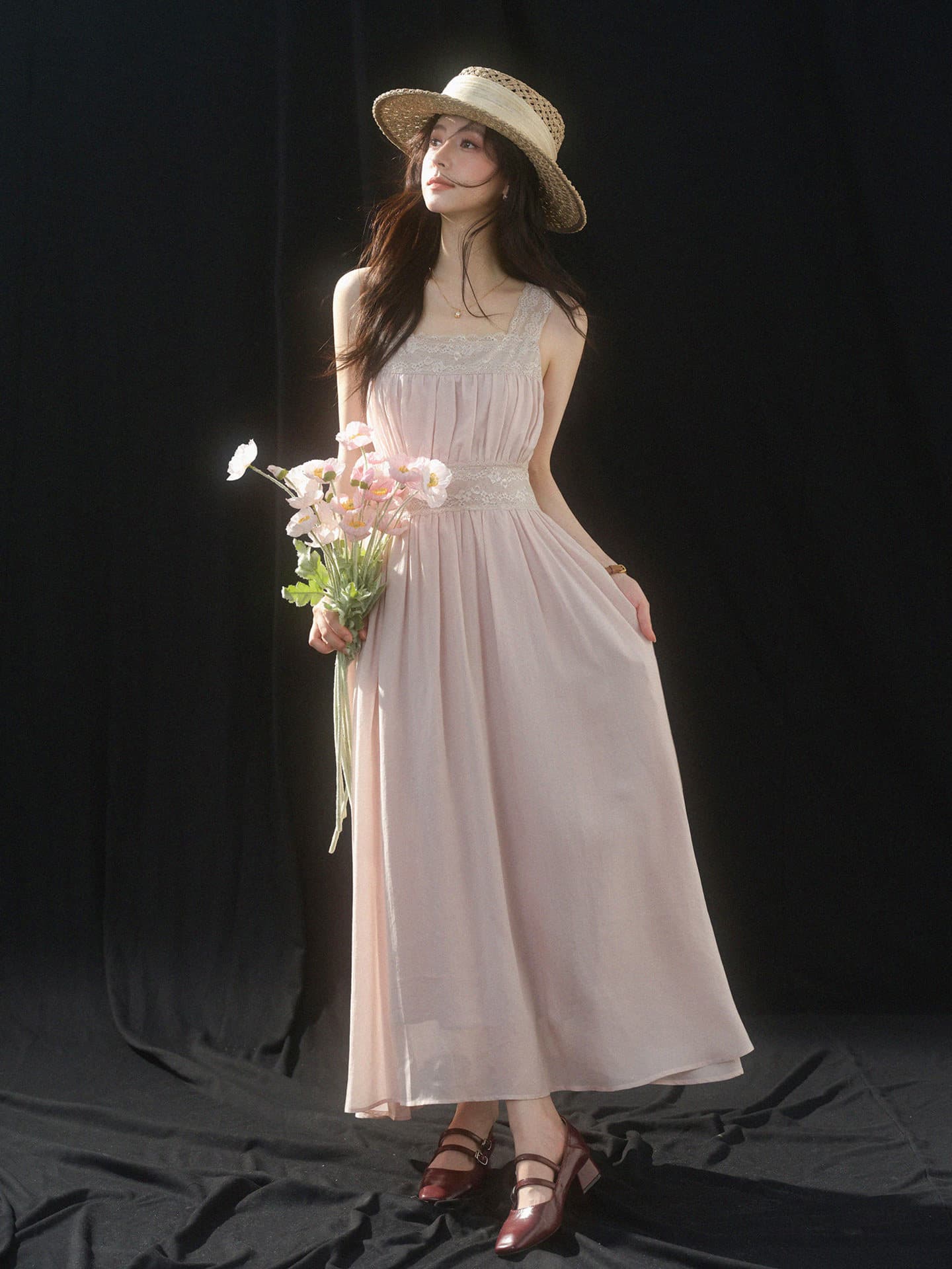 sleepybunny 핑크색 광장 칼라 레이스 슬립 여성 드레스 여름 프랑스식 작은 키 허리 수축 한 마디 롱 스커트 상세 이미지 39