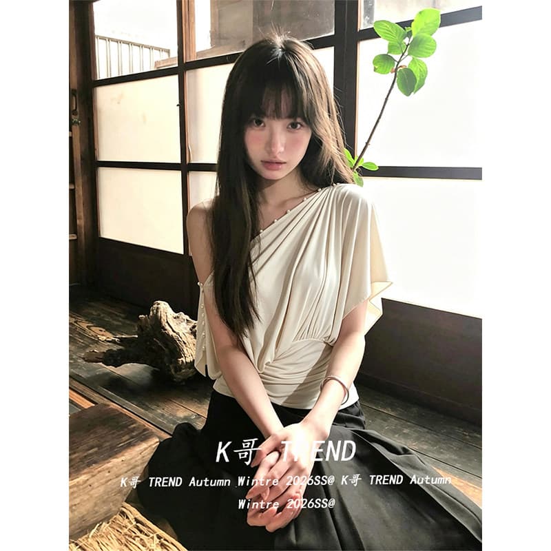 하나 의류 세 착용 여름 외출용 조끼 여성 보트넥 허리 수축 비스듬한 어깨 반팔 티셔츠 품격 핫걸 오프숄더 맨위 이미지 5