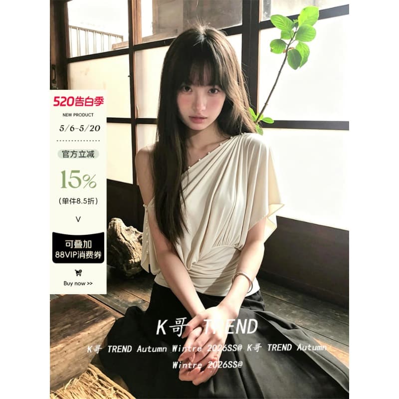 하나 의류 세 착용 여름 외출용 조끼 여성 보트넥 허리 수축 비스듬한 어깨 반팔 티셔츠 품격 핫걸 오프숄더 맨위 상세 이미지 2