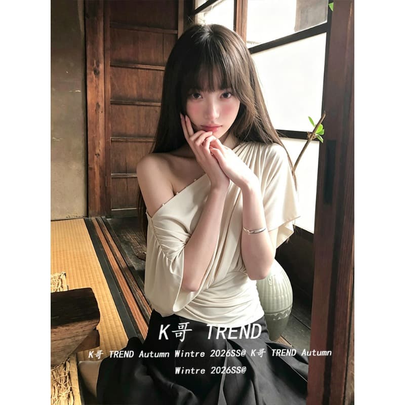 하나 의류 세 착용 여름 외출용 조끼 여성 보트넥 허리 수축 비스듬한 어깨 반팔 티셔츠 품격 핫걸 오프숄더 맨위 상세 이미지 5