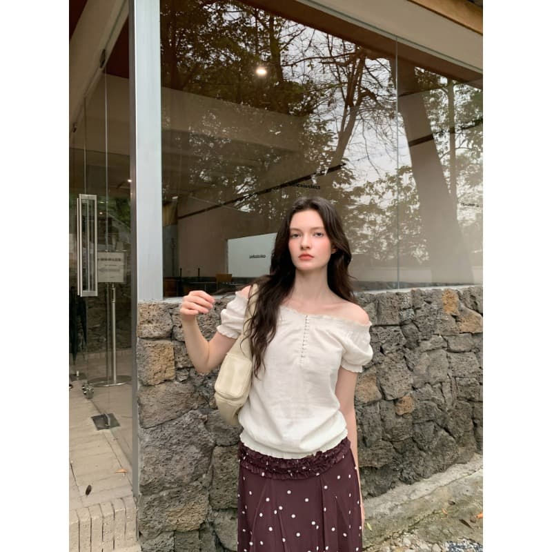creamsu 시리아 화이트 레트로 거품 소매 레이스 오프숄더 반팔 티셔츠 여성 여름 허리 수축 오프숄더 둘 착용 맨위 이미지 5