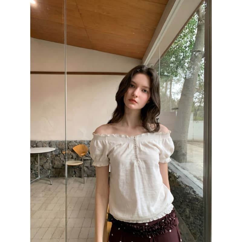 creamsu 시리아 화이트 레트로 거품 소매 레이스 오프숄더 반팔 티셔츠 여성 여름 허리 수축 오프숄더 둘 착용 맨위 상세 이미지 2