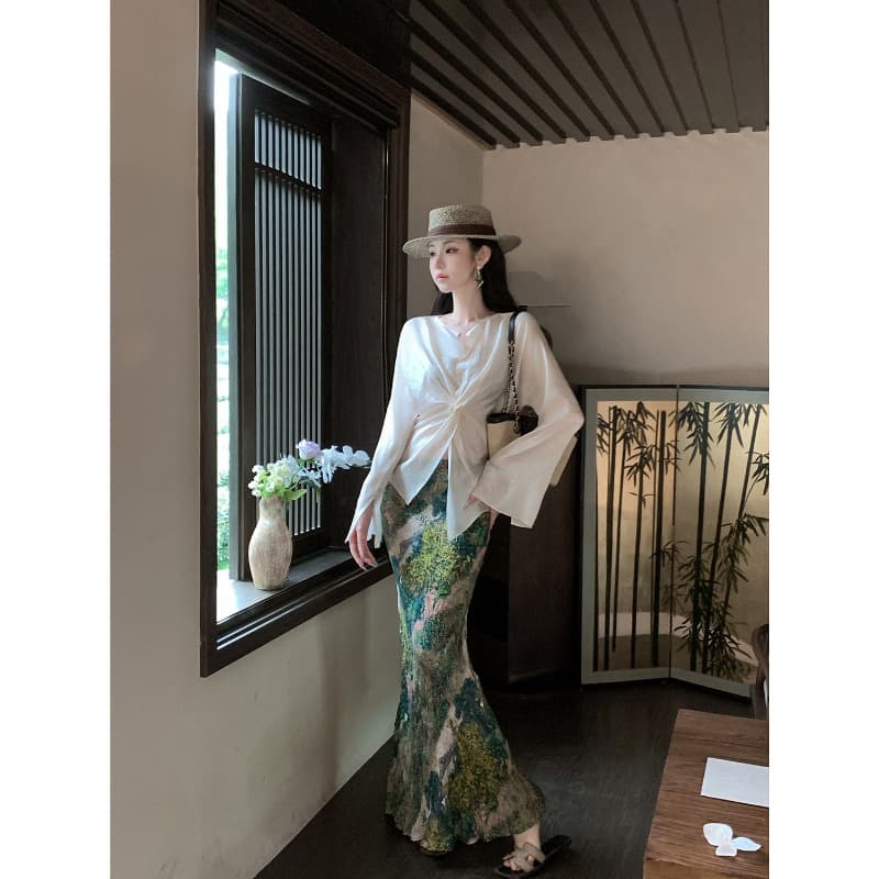 sun 우아한 조 긴 산 넓은 물 여름 셔츠 긴팔 십자가 비틀림 고급 질감 센스 아세트산 얇은 맨위 여성 이미지 5