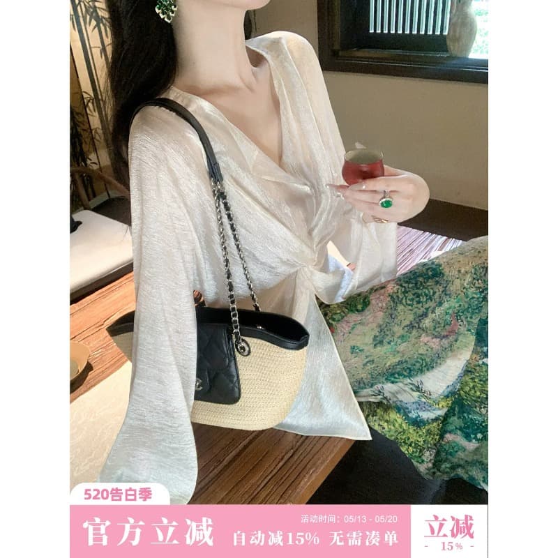 sun 우아한 조 긴 산 넓은 물 여름 셔츠 긴팔 십자가 비틀림 고급 질감 센스 아세트산 얇은 맨위 여성 상세 이미지 2