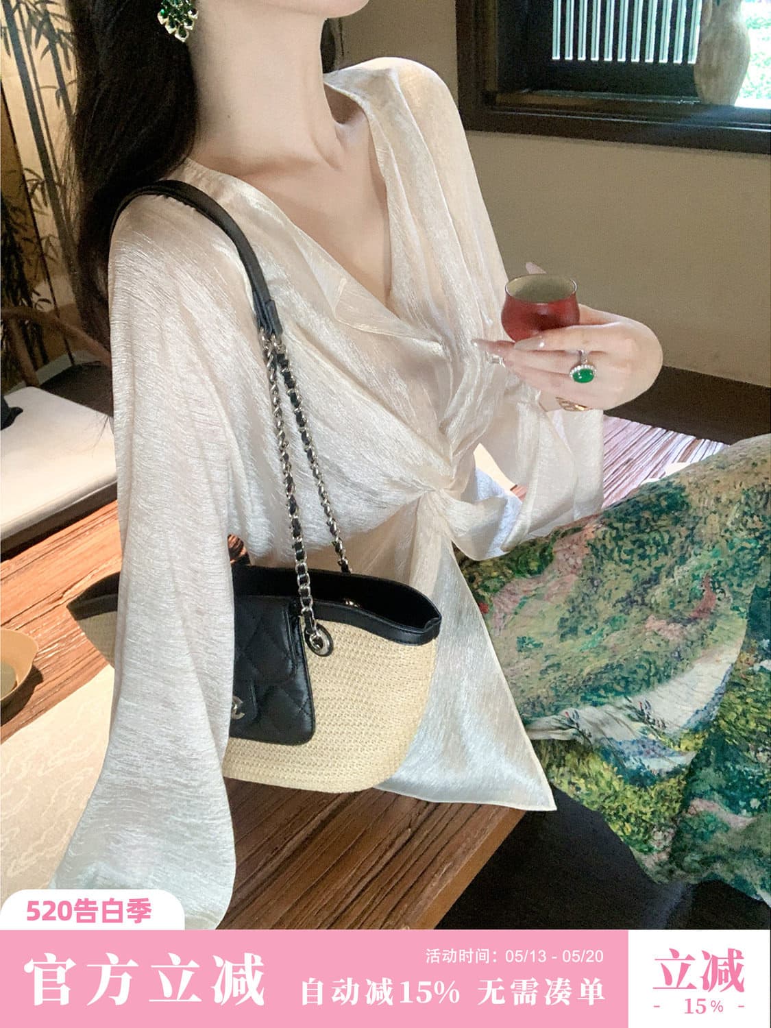 sun 우아한 조 긴 산 넓은 물 여름 셔츠 긴팔 십자가 비틀림 고급 질감 센스 아세트산 얇은 맨위 여성 상세 이미지 27