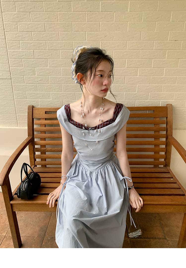 다우 시시 주간 조기 청 하늘 감기 문예 센스 배색 네클라인 롱 스커트 여름 허리 측면 비대칭 드레스 상세 이미지 33