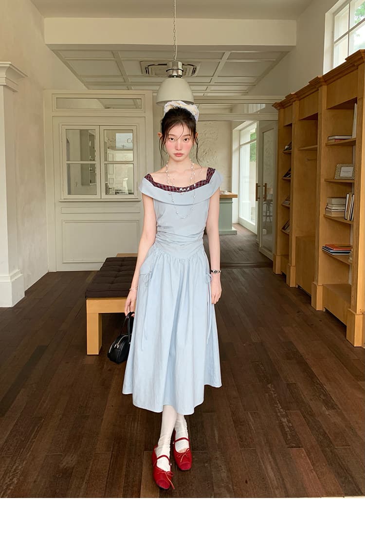 다우 시시 주간 조기 청 하늘 감기 문예 센스 배색 네클라인 롱 스커트 여름 허리 측면 비대칭 드레스 상세 이미지 34
