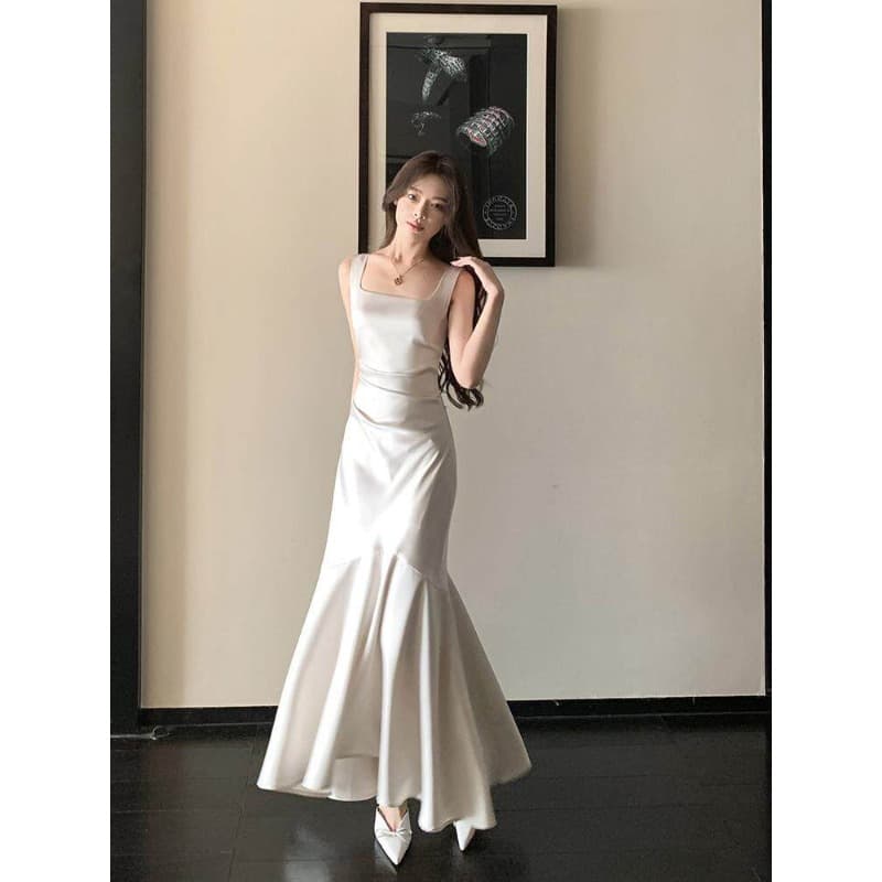 그러나 너 butyou 화이트 새틴 슬립 여성 드레스 여름 인어 꼬리 롱 코트 참여 모임 연회 작은 드레스 이미지 3