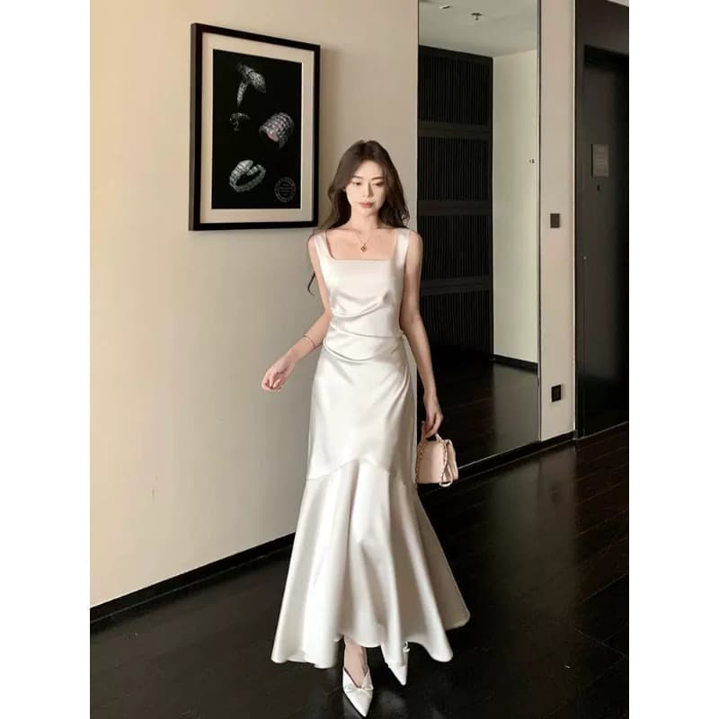 그러나 너 butyou 화이트 새틴 슬립 여성 드레스 여름 인어 꼬리 롱 코트 참여 모임 연회 작은 드레스 상세 이미지 2
