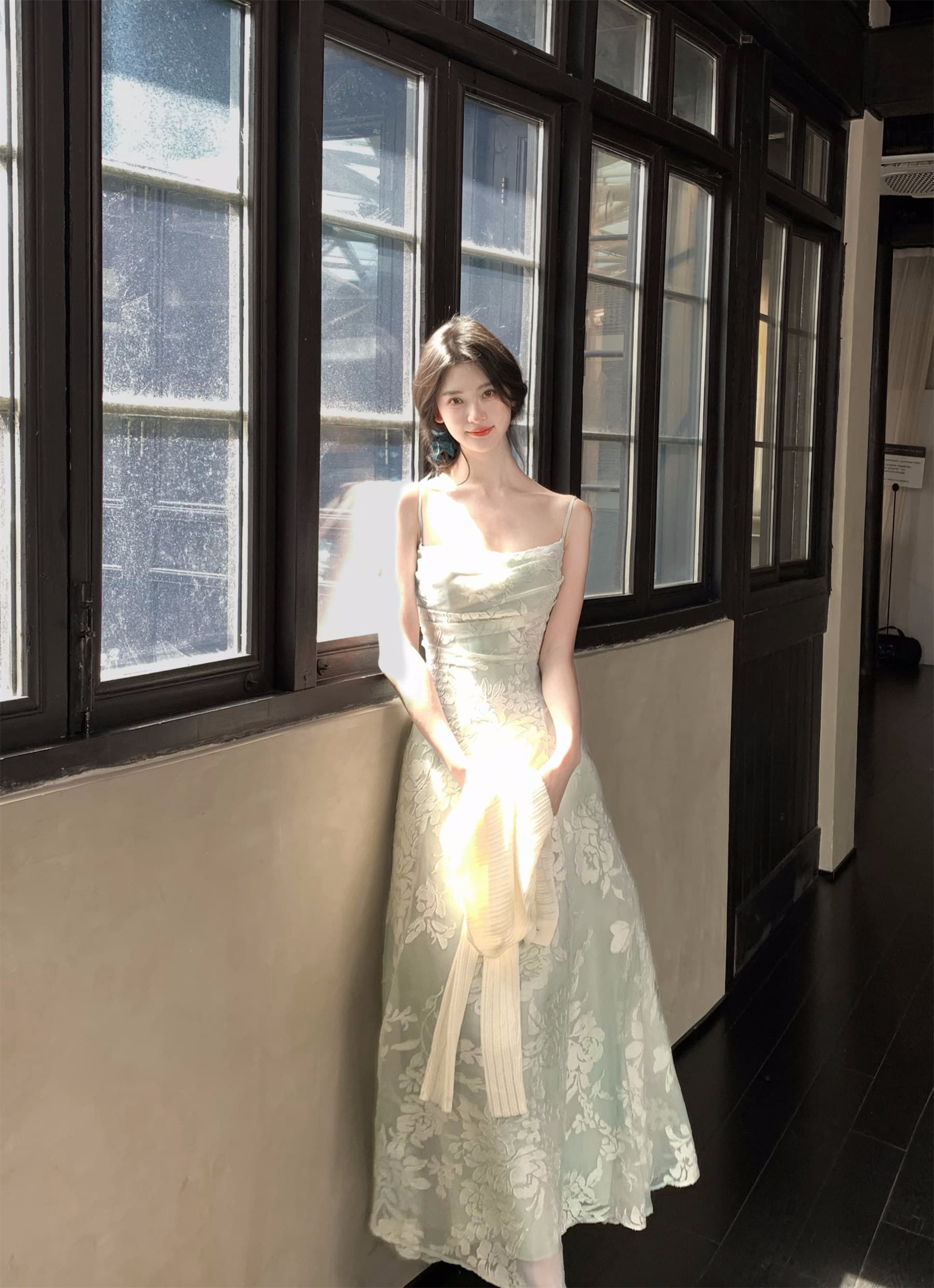 하나부터 순간 가을 수영장 늦게 棠 3 차원 꽃무늬 광장 칼라 슬립 드레스 허리 수축 슬림해 보이는 둘 색상 선택 사항 요정 치마 상세 이미지 32