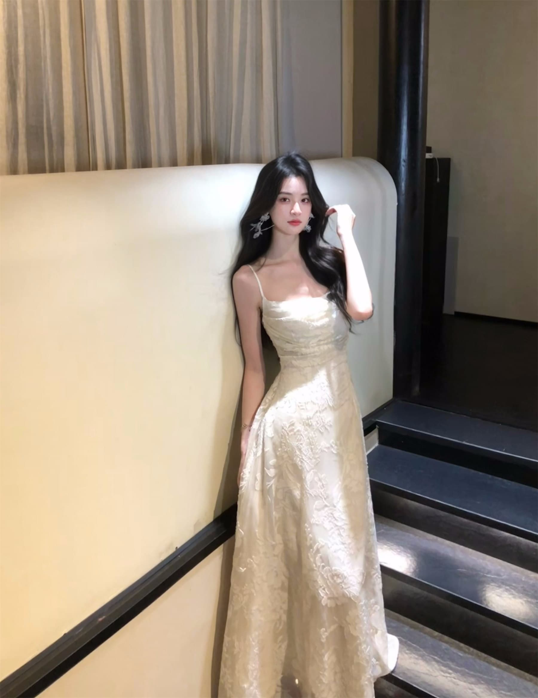 하나부터 순간 가을 수영장 늦게 棠 3 차원 꽃무늬 광장 칼라 슬립 드레스 허리 수축 슬림해 보이는 둘 색상 선택 사항 요정 치마 상세 이미지 35