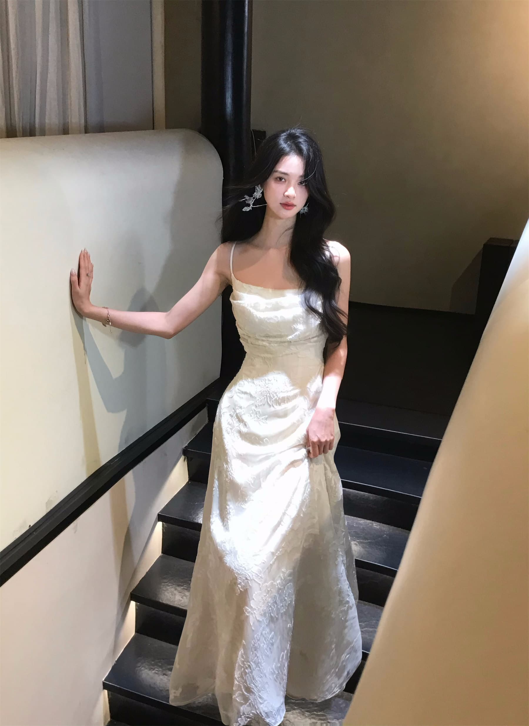 하나부터 순간 가을 수영장 늦게 棠 3 차원 꽃무늬 광장 칼라 슬립 드레스 허리 수축 슬림해 보이는 둘 색상 선택 사항 요정 치마 상세 이미지 36