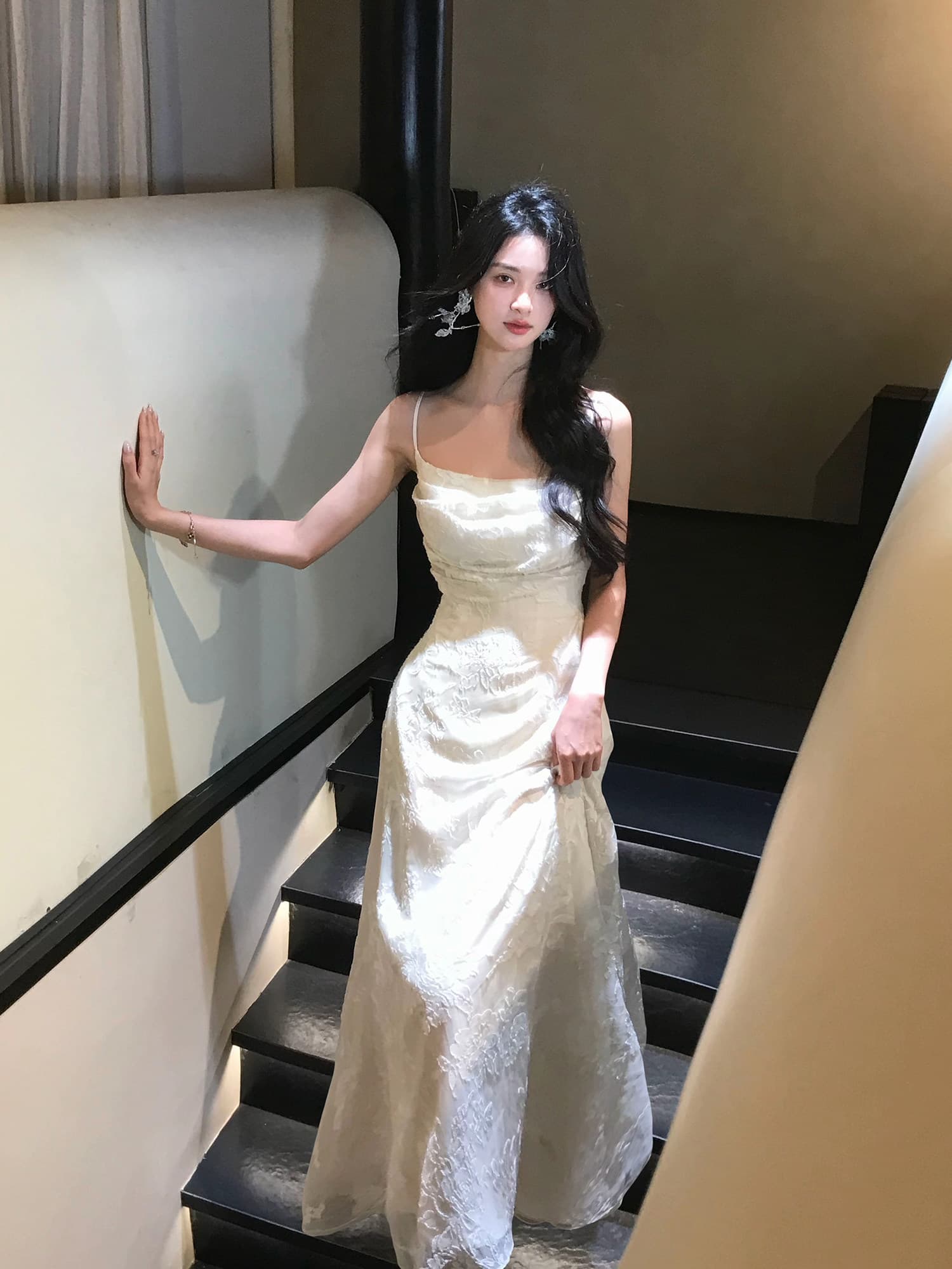 하나부터 순간 가을 수영장 늦게 棠 3 차원 꽃무늬 광장 칼라 슬립 드레스 허리 수축 슬림해 보이는 둘 색상 선택 사항 요정 치마 상세 이미지 50
