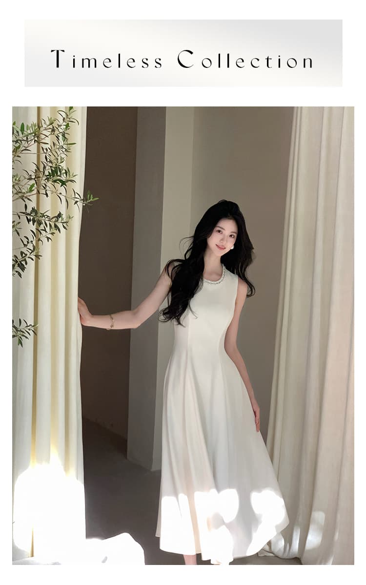 하나부터 순간 단색 독백 미니멀리즘 고급 센스 수공 비즈 박기 단색 하이웨이스트 슬림해 보이는 진자 드레스 상세 이미지 9