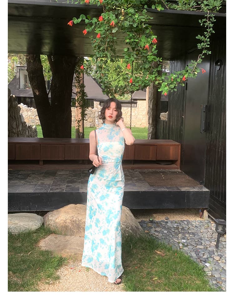 와인 정오 5 31 pm 20 점 신제품 켜기 새로운 95 접기 달빛 조수 프린트 맨위 반신 치마 세트 여름 상세 이미지 24