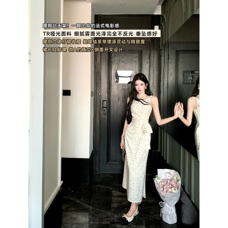 barb chill 부드러운 자매 민소매 슬립 도트 무늬 여성 드레스 여름 허리 수축 프랑스식 롱 스커트 이미지 5