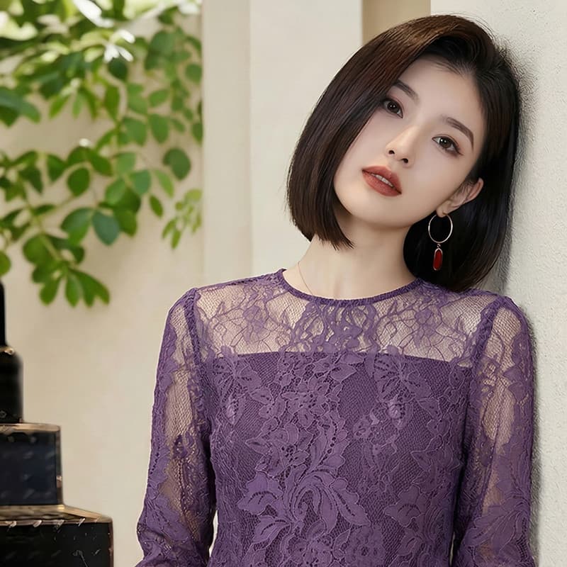 홀로우 아웃 시스루 레이스 셔츠 맨위 여성 2026 봄 여름 새로운 보라색 Chic 기본 셔츠 여성 패션 작은 셔츠 상세 이미지 3