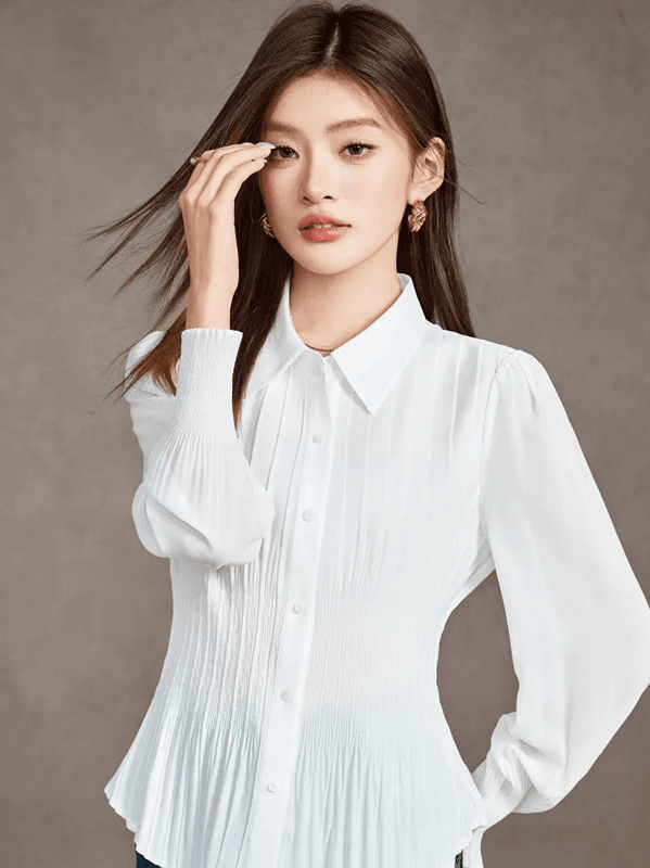 2026 봄 드레스 새로운 긴팔 압력 주름 쉬폰 블라우스 여성 셔츠 셔츠 기본 셔츠 몸매 가꾸기 슬림해 보이는 다용도 외국 가스 상세 이미지 2