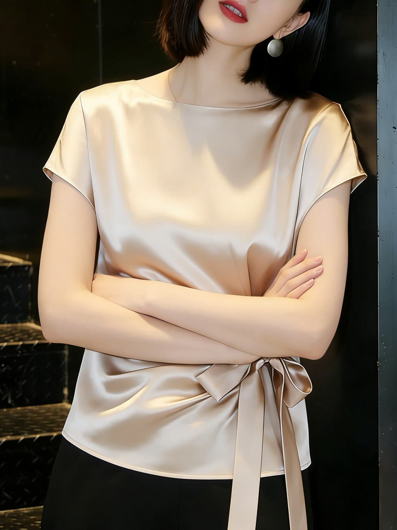 2026 고급 새틴 아세트산 반팔 티셔츠 여성 여름 슬림해 보이는 패션 품격 프랑스식 레이스업 허리 수축 맨위 상세 이미지 5