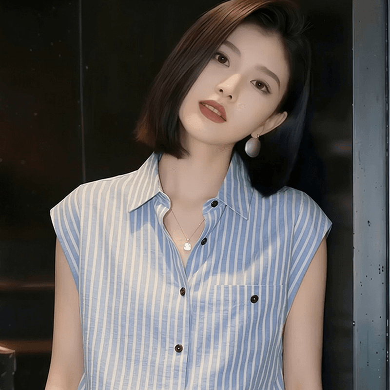 pllfs 패션 파란색 스트라이프 폴로 칼라 민소매 여성 셔츠 2026 여름 새로운 루즈핏 캐주얼 조끼 맨위 이미지 4