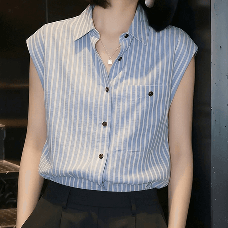 pllfs 패션 파란색 스트라이프 폴로 칼라 민소매 여성 셔츠 2026 여름 새로운 루즈핏 캐주얼 조끼 맨위 이미지 2